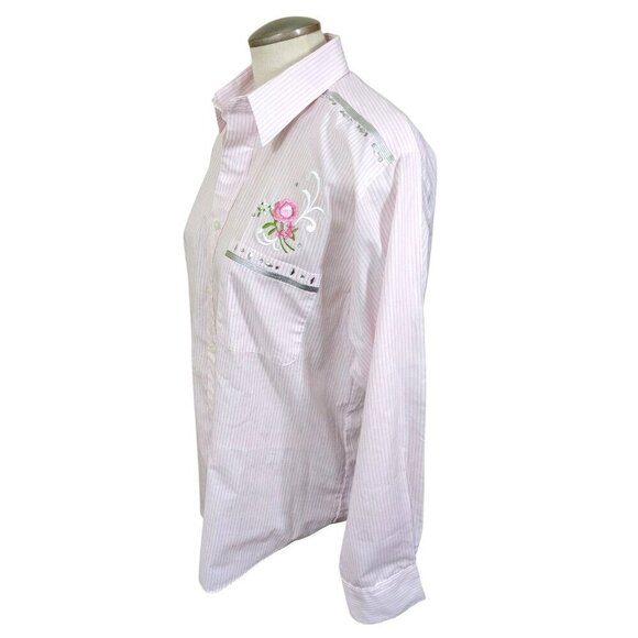 Las Olas Womens Button Up Shirt Size Med Long Sleeve Pink Striped Embroidered - Picture 3 of 11